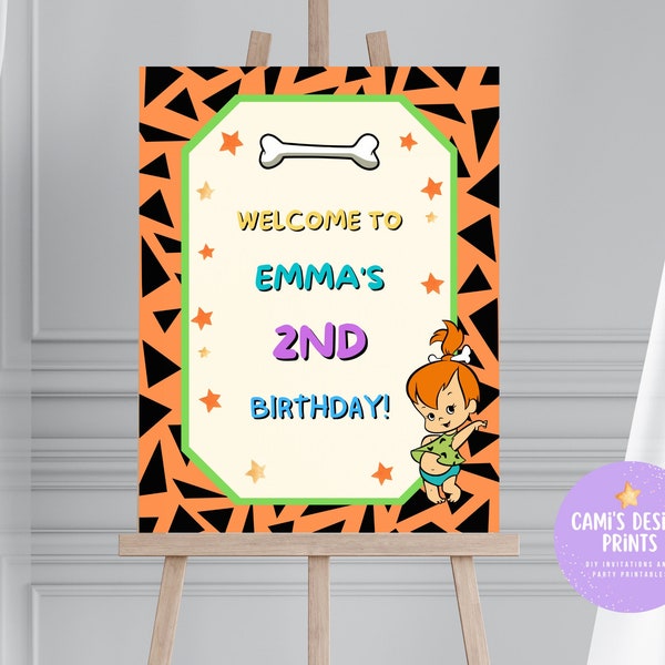 Pebbles Welcome Party Sign, Yabba Dabba Two Birthday Welcome Sign, Bedrock Party Banner, Editable Pebbles Party Sign Decorations