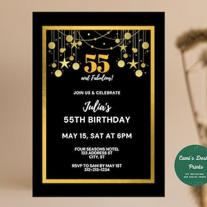 55th Birthday Invitation, 55th Party Invite, Faux Gold Design, Instant Download, Printable Editable Invitation