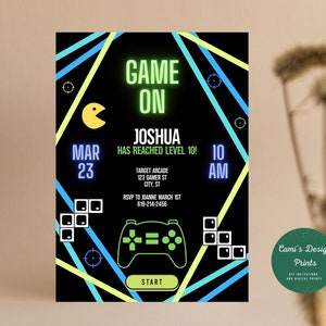 Kids Neon Gaming Birthday Invitation: Editable Gamer Party Invite (Digital Download)