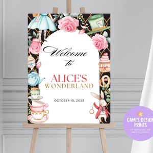 Alice im Wunderland Willkommensschild, Alice in Onederland, 1st Birthday Party Schild, Mad Tea Party, Teeparty bearbeitbares druckbares Schild