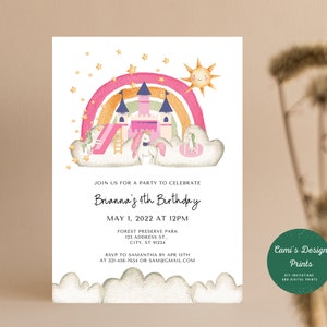 Faire-part d'anniversaire licorne sur l'aire de jeu, faire-part licorne rose, invitation à une fête dans le parc, invitation à une fête de saut de licorne, invitation modifiable pour une fête d'enfant