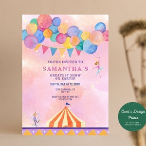 Girl's Carnival Circus Party Invitation, Pink Carnival Birthday Invite, Girl's Circus Birthday Invitation, Circus Themed Party Invitation