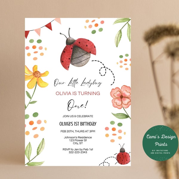 Girl First Birthday Invitation, Ladybug Birthday Invitation, Our Little Ladybug Birthday Invite, Printable Editable Invitation