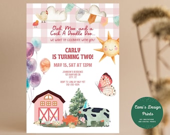 Pink Farm Animals Birthday Invitation: Barnyard Party Invite (Digital)