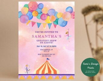 Invitación de cumpleaños con temática de circo y carnaval rosa (descarga digital)