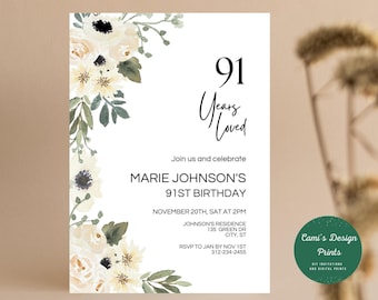91 Birthday Invitation, Floral 91st Birthday Invite, 91st Birthday Party Invitation, Instant Download, Printable Editable Invitation