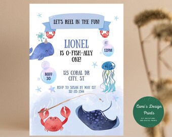 Invitación de O Fish Ally One: Primer cumpleaños de pesca (editable)