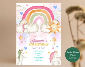 Unicorn Birthday Invitation: Rainbow Party, Editable Template (Instant Download)