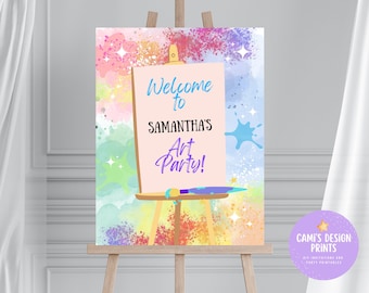 May include: A welcome sign for an art party with a colorful watercolor background and a paint-splattered easel. The sign says "Welcome to Samantha's Art Party!"