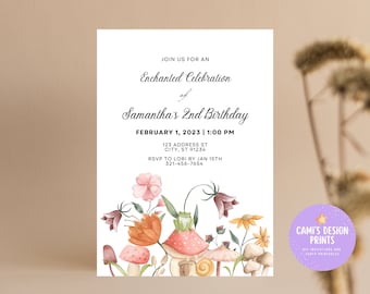 Enchanted Forest Birthday Invitation: Garden Fairy, Mushroom Design (Instant Download)