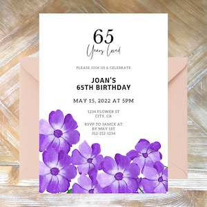 Purple Flowers Birthday Invitation, 65th Birthday Party Invite, Editable Invitation, Instant Download, Printable Invitation