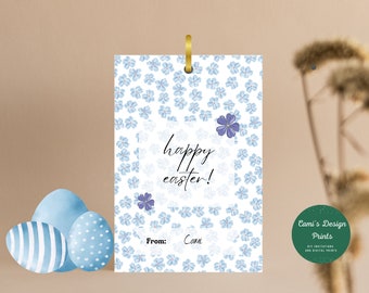 Happy Easter Gift Tags, Happy Easter Gift Favors, Blue Flower Easter Party Treat Bag, Printable Easter Card, Instant Download