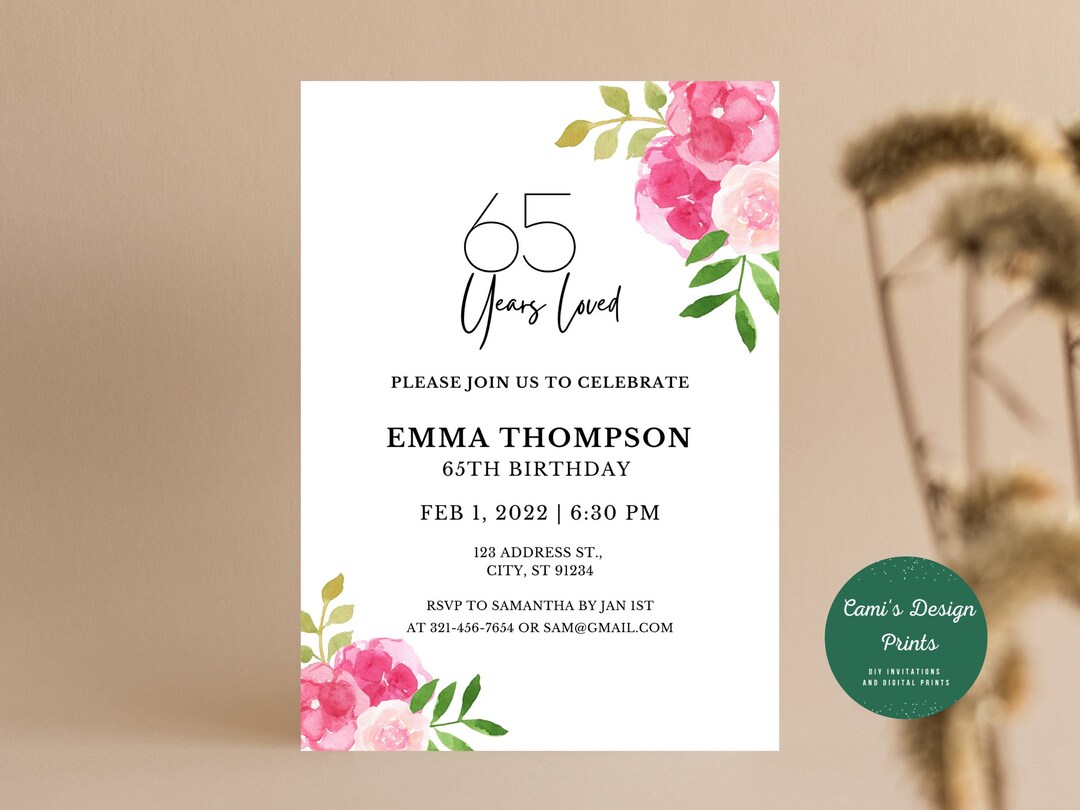65th Birthday Invitation, 65th Birthday Party Invite, Floral 65th ...