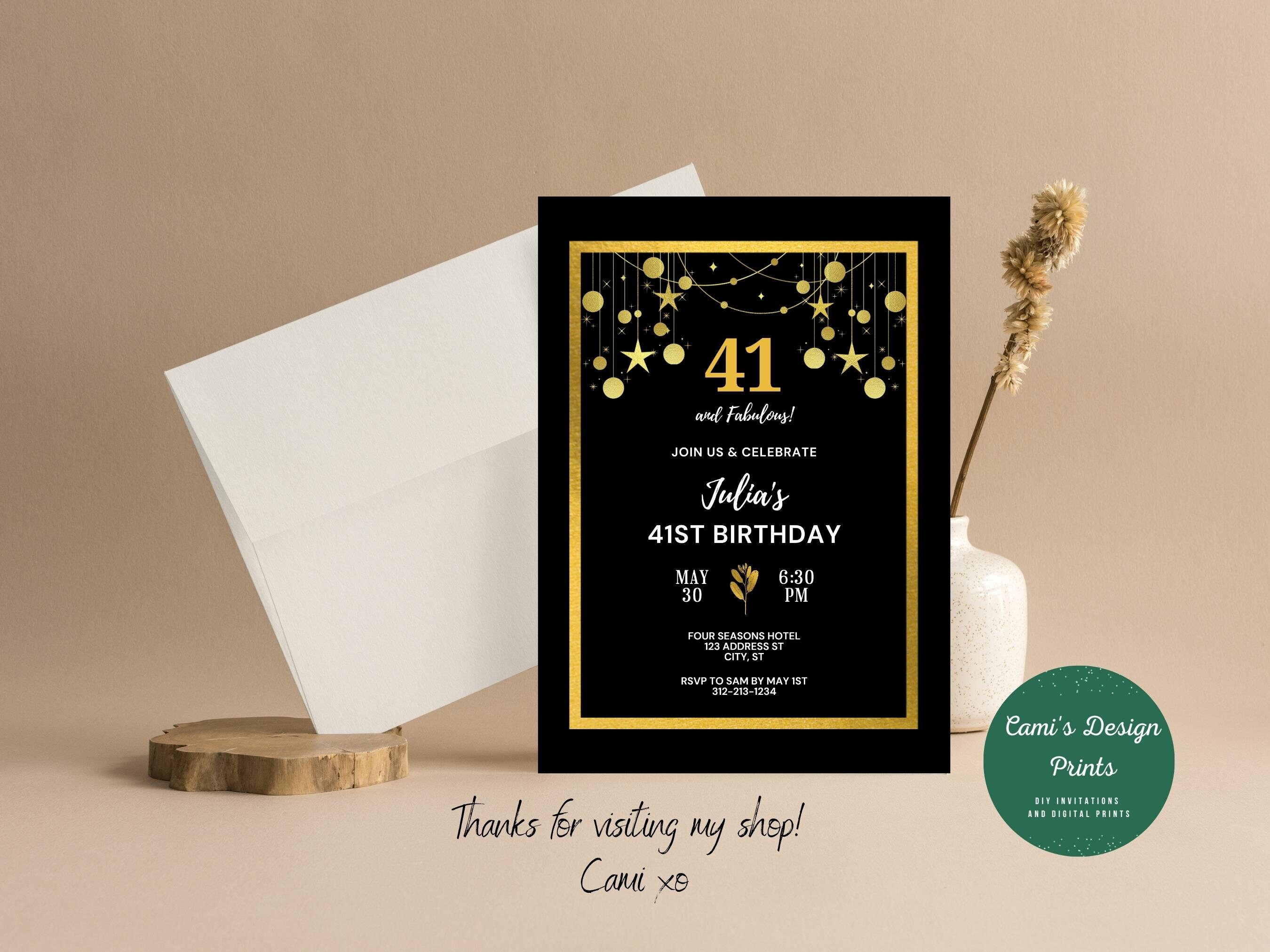 41st Birthday Invitation, 41st Party Invite, Faux Gold Design, Instant ...