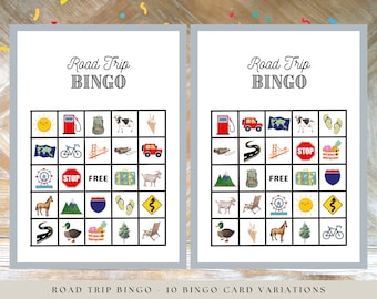 May include: Two printable road trip bingo cards with a 5x5 grid of images. The images include a gas pump, a car, a globe, a cow, flip flops, a winding road, the Golden Gate Bridge, a stop sign, a pineapple, a mountain range, a backpack, the word "FREE", a suitcase, a highway sign, a goat, a lawn chair, a Ferris wheel, a sun with a smiley face, a winding road, a duck, a basket of ice cream cones, a pine tree, and a bicycle.