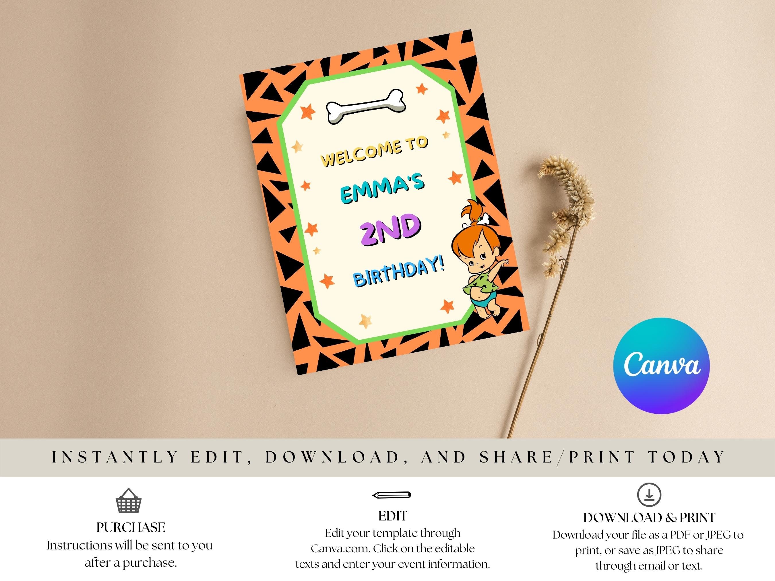 Pebbles Birthday Welcome Sign: Yabba Dabba Two, Bedrock Party (editable ...