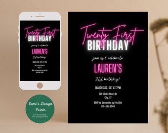 Invitación de cumpleaños número 21 en rosa neón: plantilla editable (invitación digital)