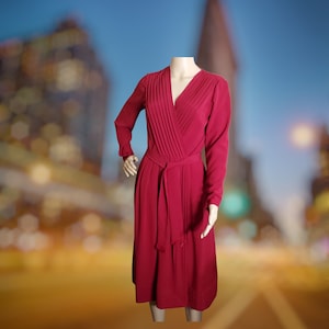 Vintage 1970&#39;s Albert Nipon Pleated Wrap Dress - Burgundy/Maroon/Long Sleeves Size 8