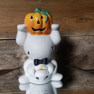 Whimsical Halloween Happy Ghost w/ Jack o&#39; Lantern tea Light Holders