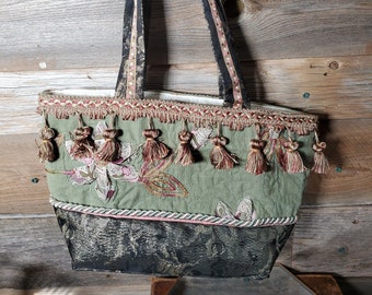 Custom-made Tapestry Handbag - Corduroy, Quilted Lining, Tassles & Rope Trim