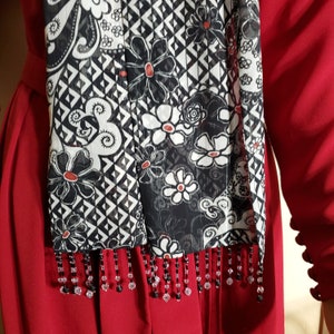 Silk Black & White Floral Abstract Lapel Scarf - Beaded Fringe - Silver Thread Accent