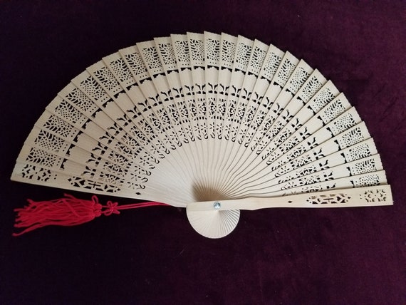 Vintage Sandlewood Intricate carved Fan - Red Tass