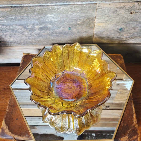 Indiana Glass - Carnival Glass - Lily Pons Bowl - Amber - Flower - 1970's