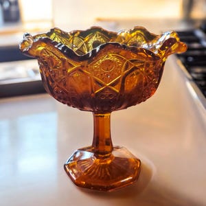 Vintage L.E. Smith Glass Heritage Quintec Amber Glass Pedestal Open Compote Candy Dish 1950s Large LE Smith