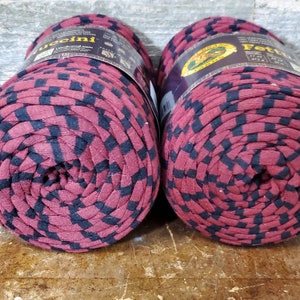 2 Skeins of Lion Brand Fettuccini Fabric Remnant Yarn - Maroon & Black Striped  24.2 oz
