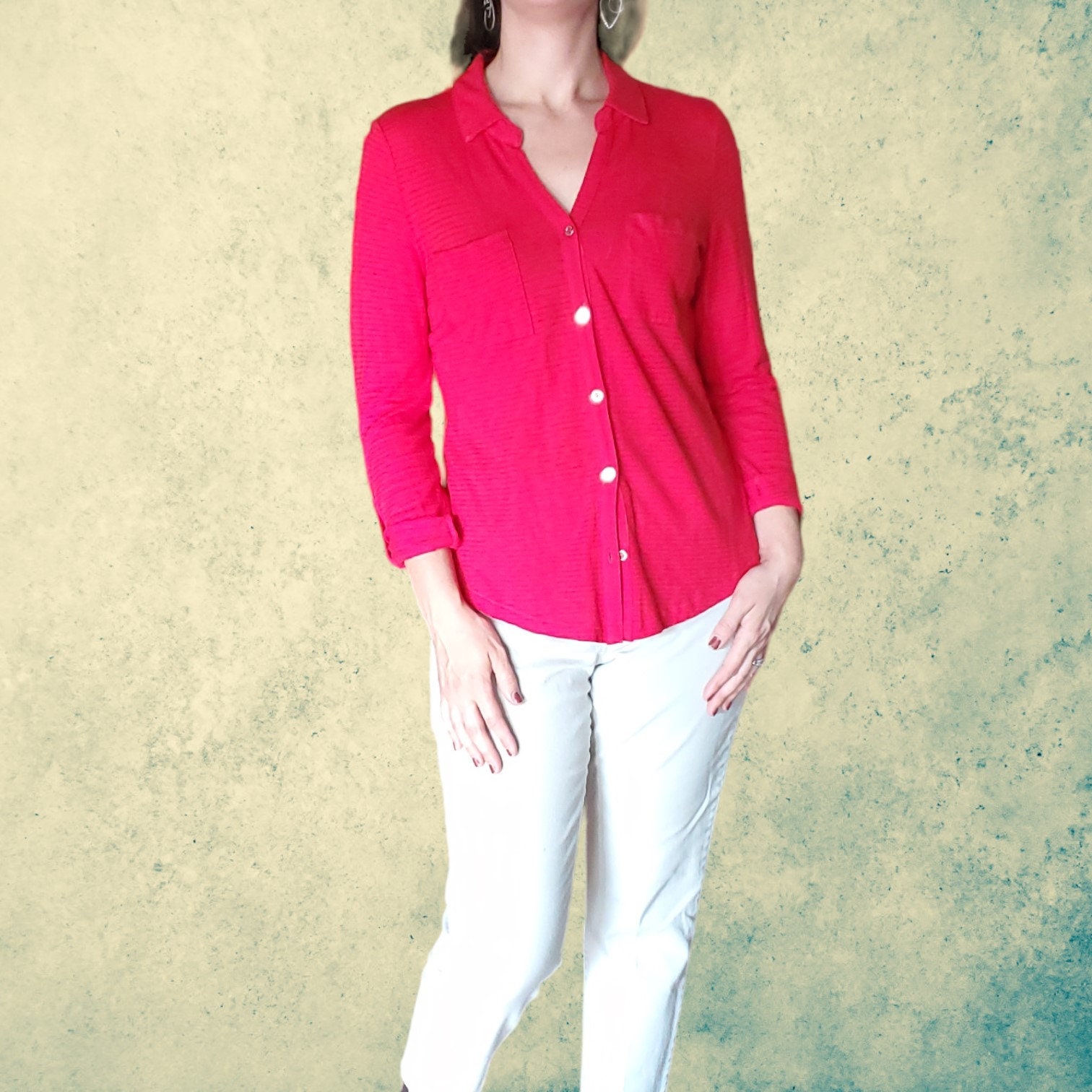 Chemise Femme Vintage Liz Claiborne - Couleur Sarcelle (bleu-vert) Taille 6 - Manches Longues - Occasion Excellent état