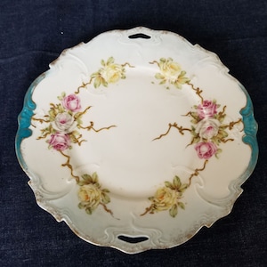 Antique Bone China Ornate Salad Plate - Teal, Gold Trim, Roses