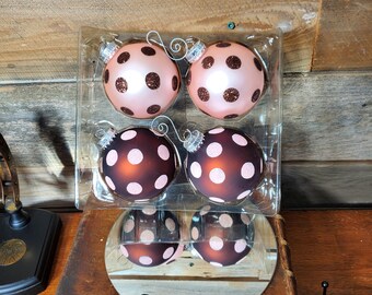 Glass Ball Ornaments - Brown & Pink Polka-Dot Sparkle - Set of 4.