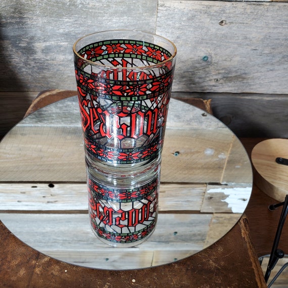 2 Verres Tumblers Vintage Houze – Motifs Vitraux Seasons Greetings, Grands, Verre Coloré