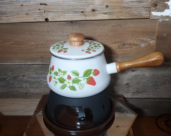 Enamelware Fondu Pot, Stand & Burner Set - Strawberry Garden - Vintage 70's