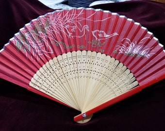 Vintage Screenprinted Sandlewood & Silk Fan  Red or Mint Green