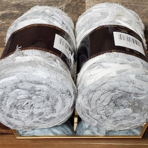 2 Skeins of Lion Brand Fettuccini Fabric Remnant Yarn - Grey & White Color Block-Striped