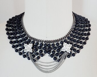 Black Collar Necklace, Handmade, Statement Necklace, Fashion Necklace, Jewelry, Bead Necklace, Chain, Rhinestones, Bib Necklace.