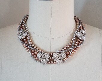 Pearl Necklace with Rhinestones, Freshwater Pearls, Rhinestone Spacers, Statement Necklace, One of a Kind, Satin Sand Pearls.