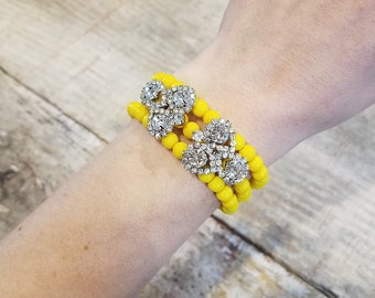 Czech Glass Beads Bracelet With Rhinestone Spacers, Opaque Yellow, Box Clasp, Three Strand, Statement Bracelet, Yellow Bracelet.