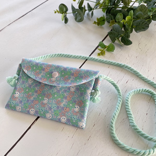 Girl’s Floral Smiley Faux Leather Purse | Crossbody Purse | Toddler Purse | Little Girl Crossbody Purse | Printed Faux Leather Purse |