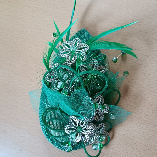 Emeral green and silver fascinator