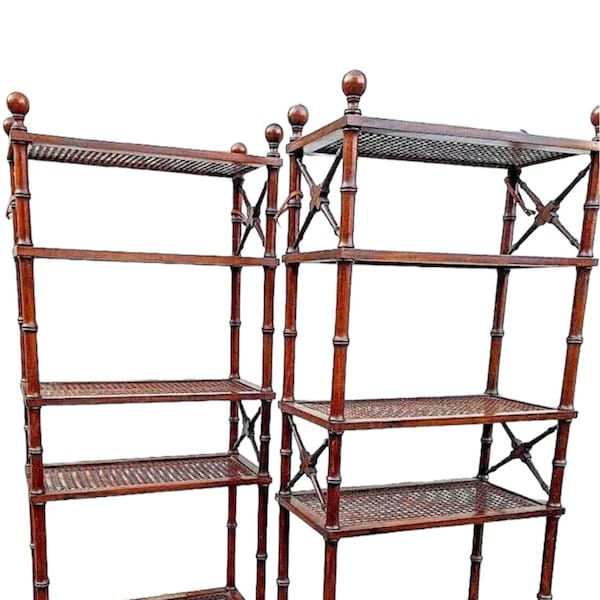 Vintage Hollywood Regency Faux Bamboo Wood & Cane 6 Tier Bookcase Etagere - Pair