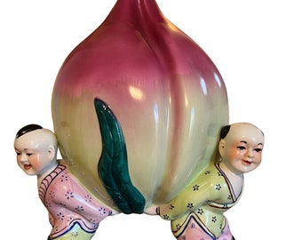 Chinese Longevity Peach Three Children Boys Porcelain Figurine Ceramic Statue Immortal Fertility Asian Decor Vintage
