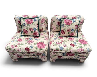 Pair of Post Modern Floral Slipper Chairs, Hollywood Regency Accent Seating