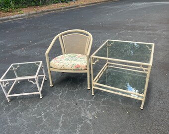 Vintage Meadowcraft faux bamboo chair and two tables