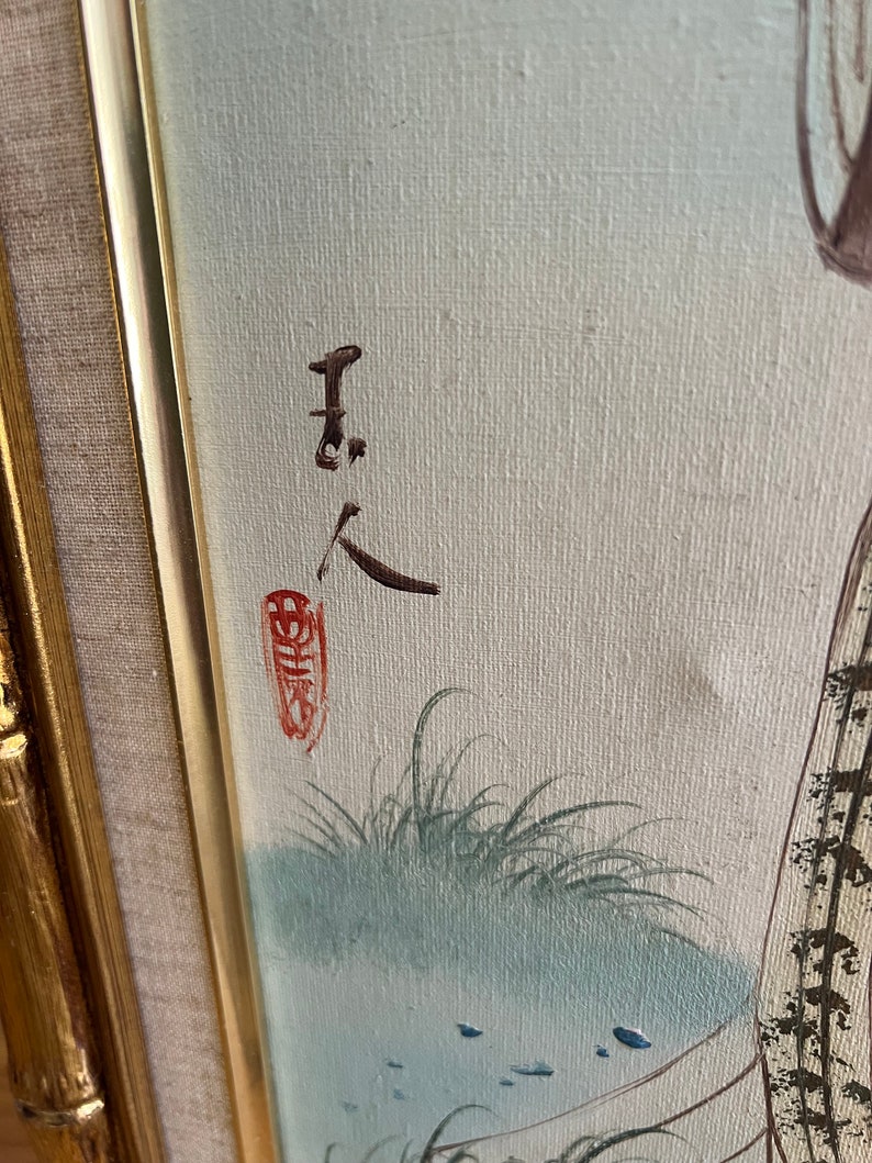 Two beautiful hand painted Asian themed paintings in faux bamboo frames image 8