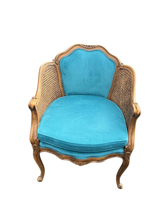 Vintage French Style Cane Chair: Blue Velvet Upholstery