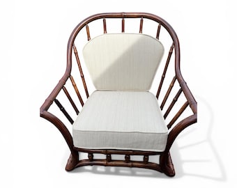 Oversized Vintage Faux Bamboo Armchair with New Neutral Upholstery – Solid Wood Carving