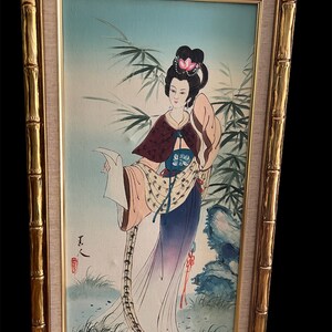 Two beautiful hand painted Asian themed paintings in faux bamboo frames image 6