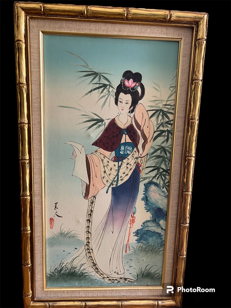 Two beautiful hand painted Asian themed paintings in faux bamboo frames image 6